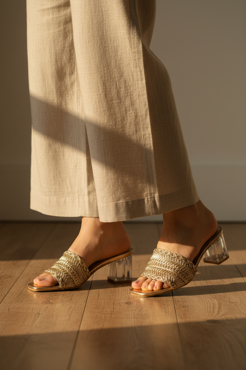 Champagne Braided Woven Mules Wear Angle